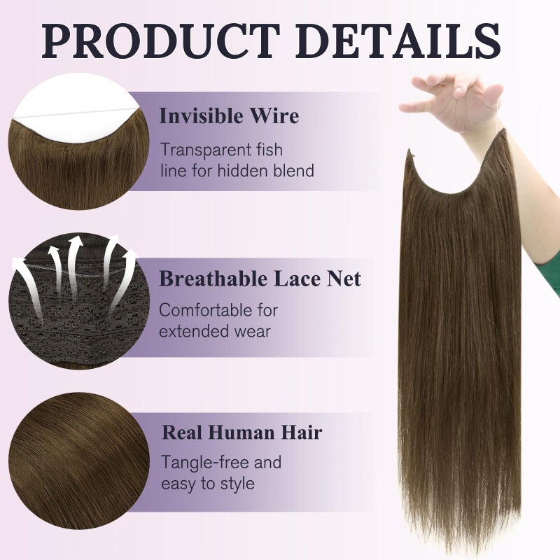 Fshine Invisible Wire Hair Extensions 14 Inch Brown Layered Hairpiece Adjustable Fishing Line Hair Extensions Clip in One Piece Human Hair Natural Add Volume for Women - Image 2